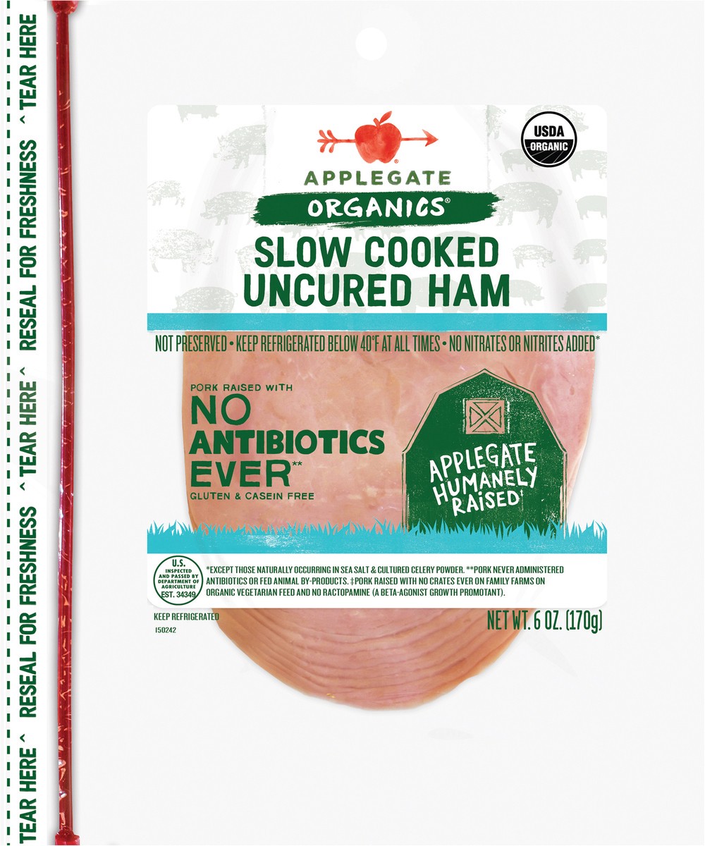 slide 1 of 7, Applegate Organic Slow Cooked Uncured Ham Sliced, 6 oz
