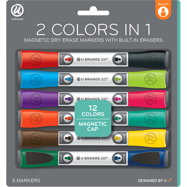 slide 1 of 1, U Brands Low Odor Magnetic Double Ended Dry Erase Markers With Erasers, Bullet Tip, Assorted Colors, 6 ct