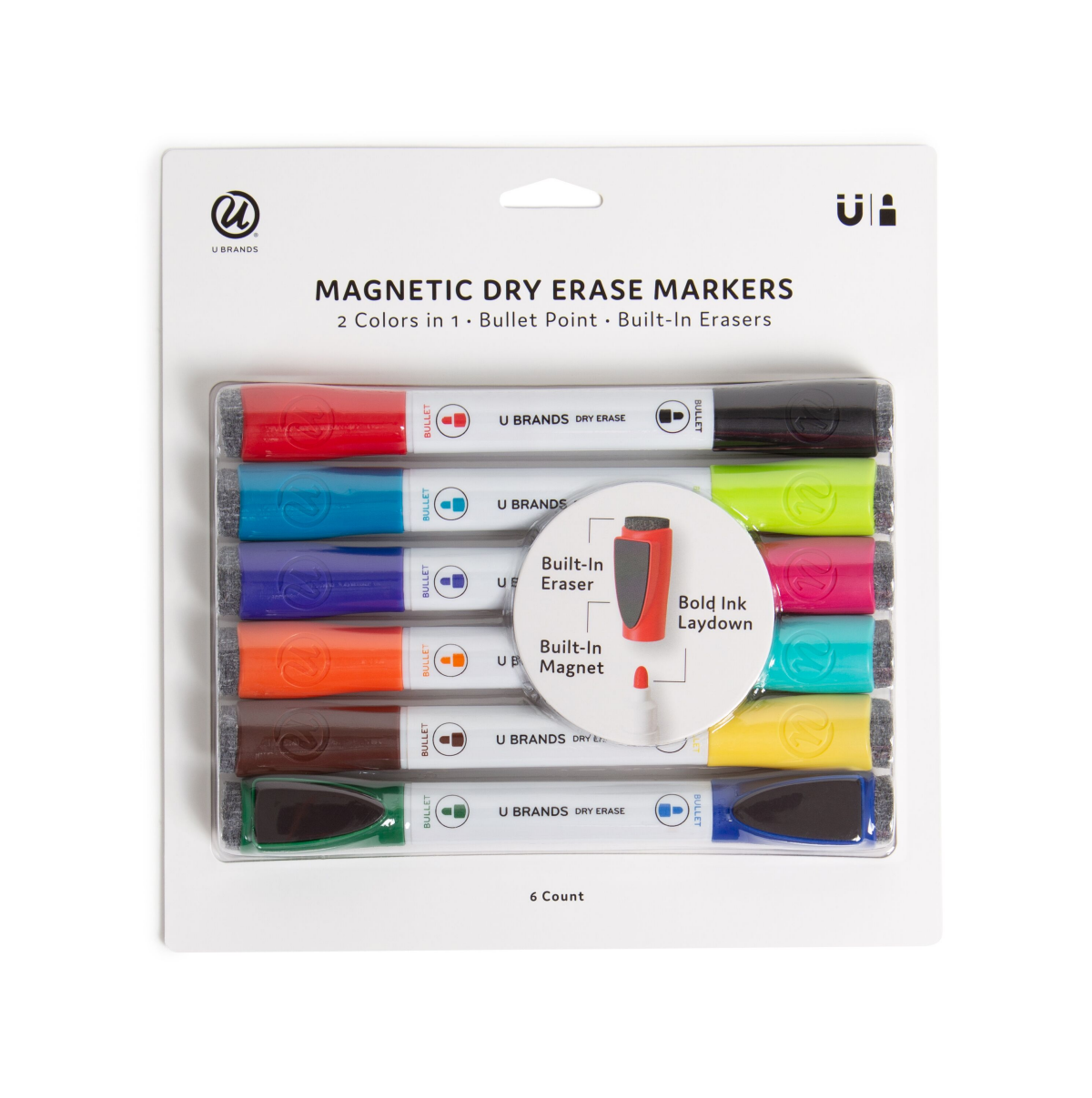 slide 1 of 9, U Brands Low Odor Magnetic Double Ended Dry Erase Markers With Erasers, Bullet Tip, Assorted Colors, 6 ct