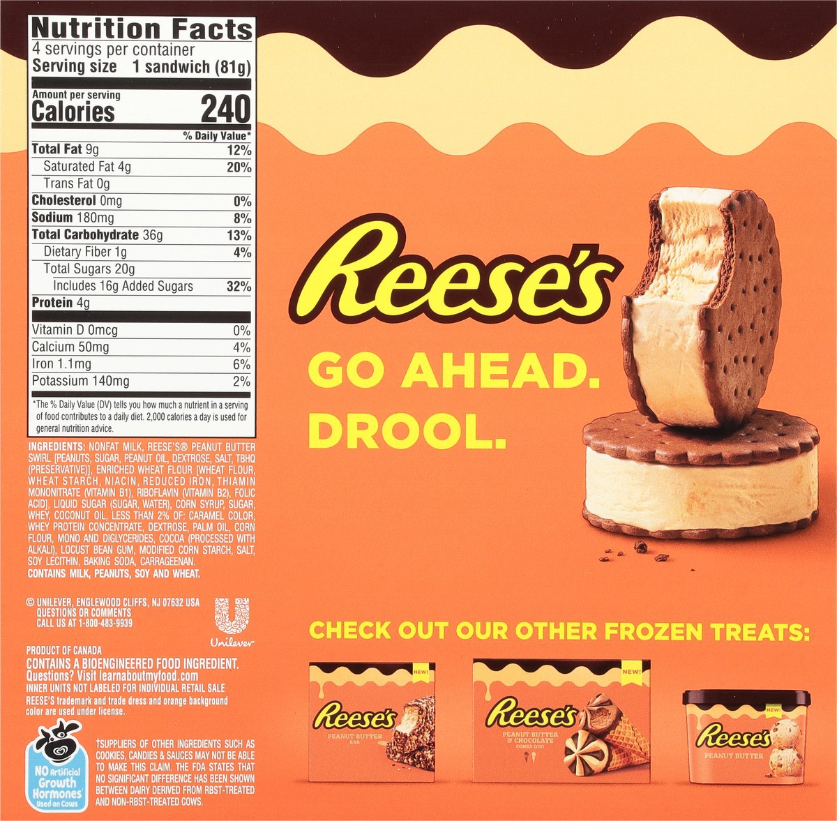 slide 7 of 12, Reese's Peanut Butter Frozen Dairy Dessert Sandwich, 4 fl oz, 4 Count, 4 ct; 16 oz