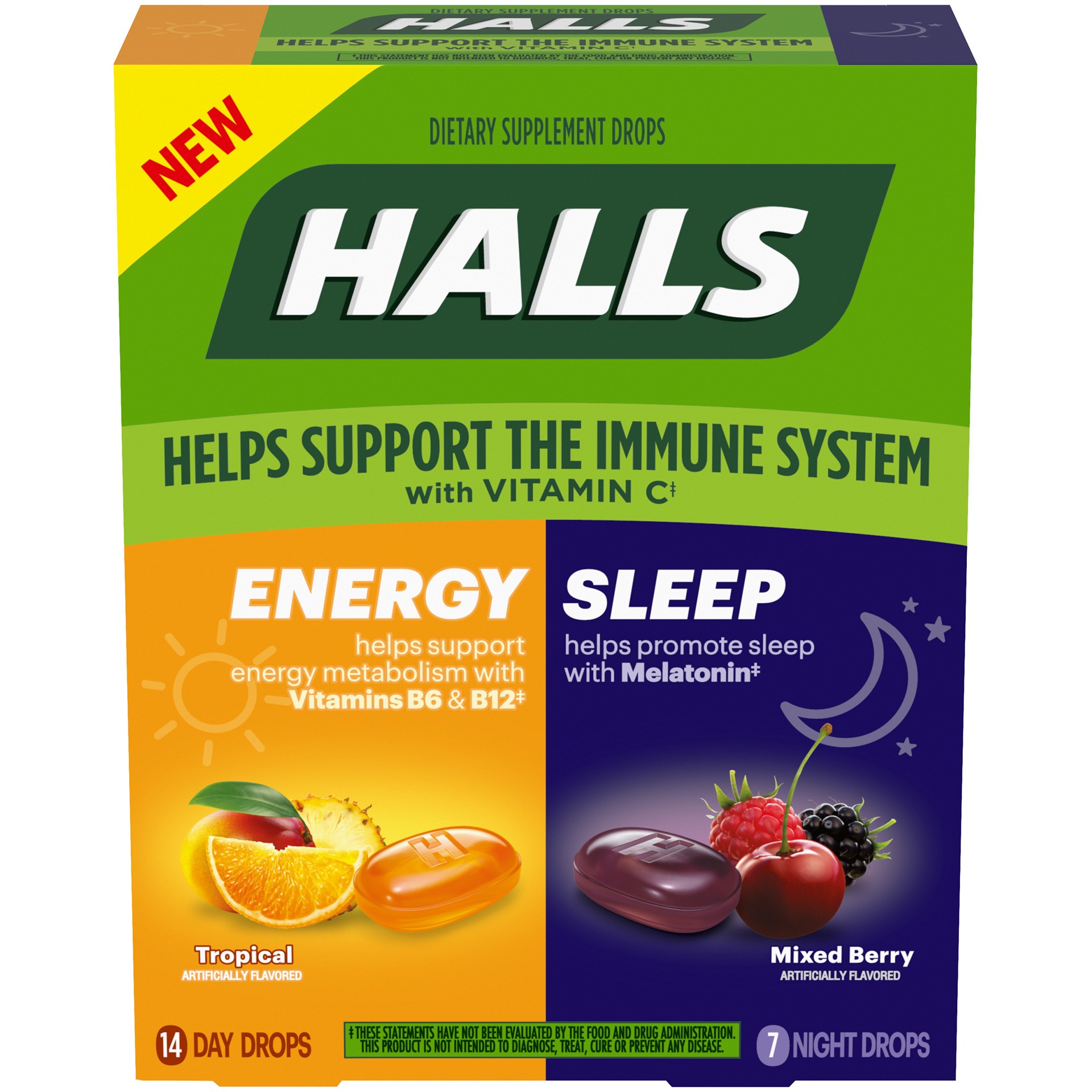slide 3 of 7, HALLS Energy & Sleep Dietary Supplements, Tropical & Mixed Berry Flavors, 1 Pack (14 Daytime Drops, 7 Nighttime Drops), 0.13 lb