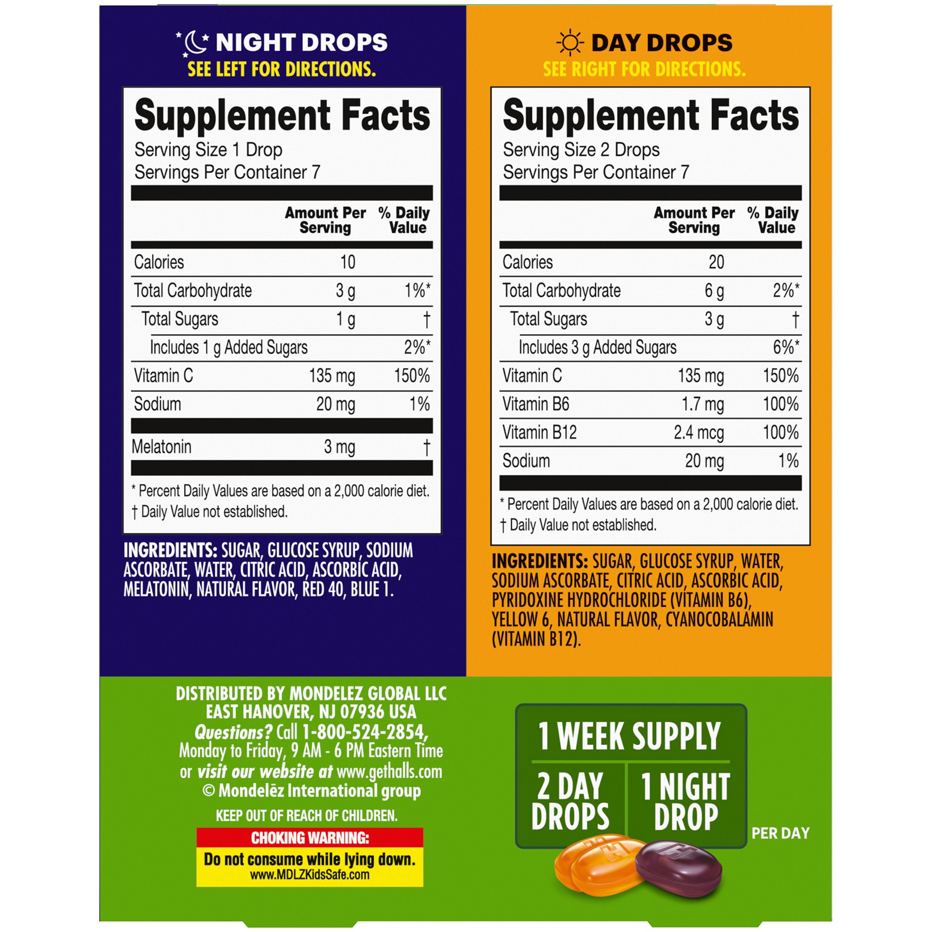 slide 7 of 7, HALLS Energy & Sleep Dietary Supplements, Tropical & Mixed Berry Flavors, 1 Pack (14 Daytime Drops, 7 Nighttime Drops), 0.13 lb
