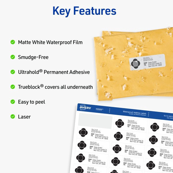 slide 3 of 9, Avery Printable Waterproof Labels With Sure Feed, Rectangle, 1"" X 2-5/8"", Matte White, Pack Of 300, 300 ct