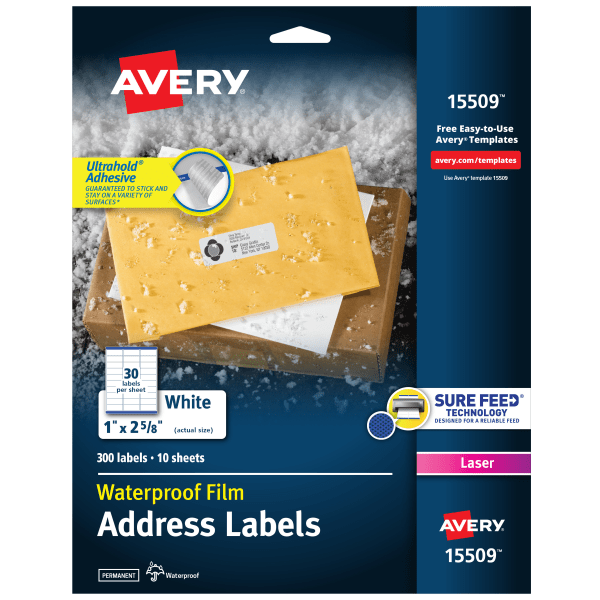 slide 1 of 9, Avery Printable Waterproof Labels With Sure Feed, Rectangle, 1"" X 2-5/8"", Matte White, Pack Of 300, 300 ct