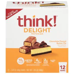 Think! Delight Chocolate Peanut Butter Pie Protein Bars Value Pack - 12 x 1.41 oz Bars