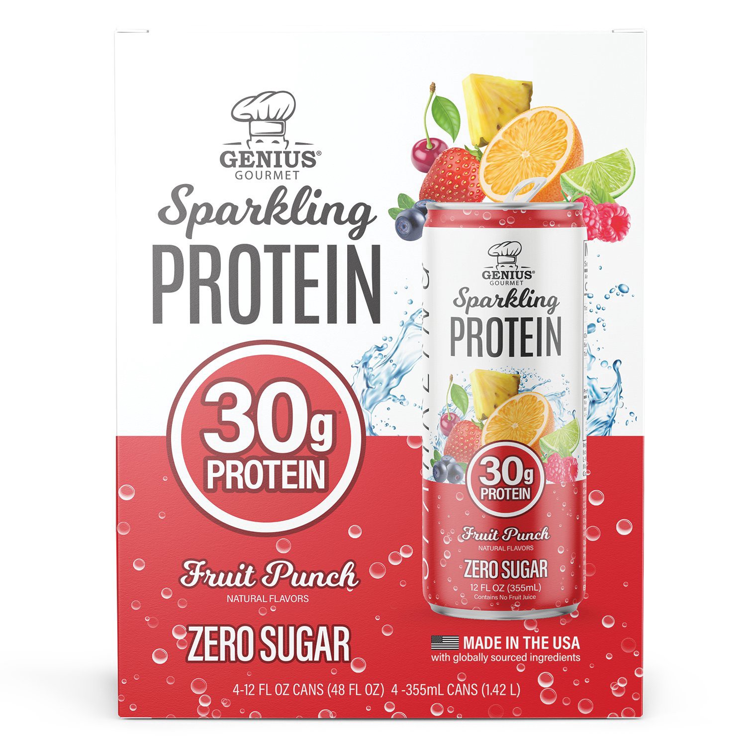 slide 1 of 1, Genius Gourmet Sparkling Protein Fruit Punch Zero Sugar, 4 ct