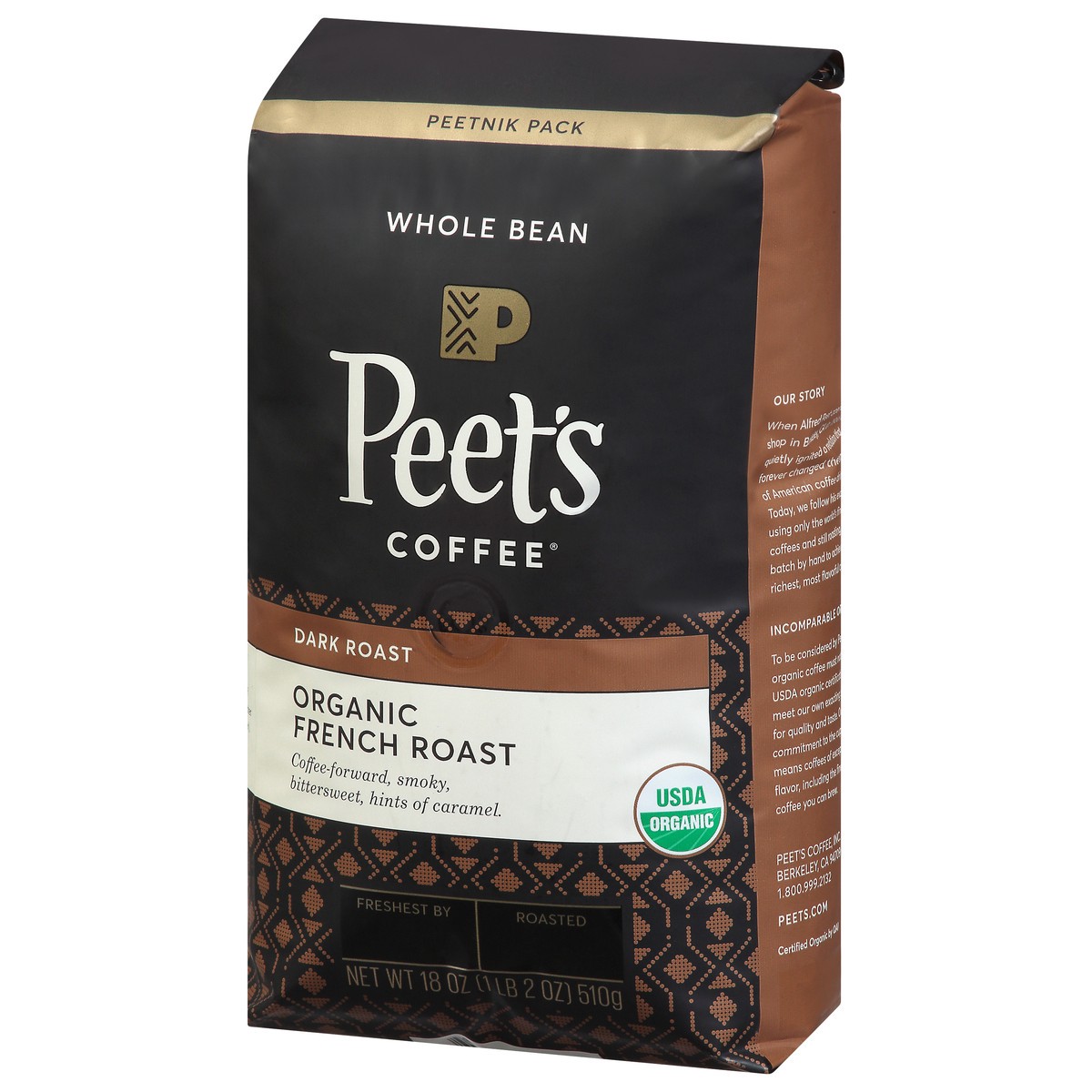 slide 10 of 10, Peet's Peetnik Pack Whole Bean Dark Roast Organic French Roast Coffee 18 oz, 18 oz