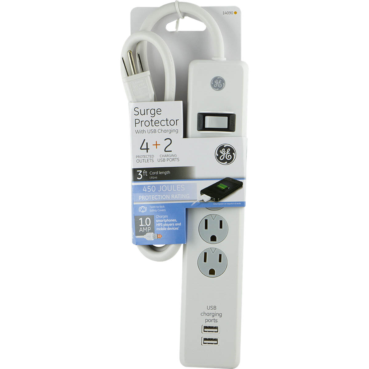 slide 1 of 3, GE 4 AC Outlet + 2 USB Ports Surge Protector, 3-Foot Cord, 1 ct