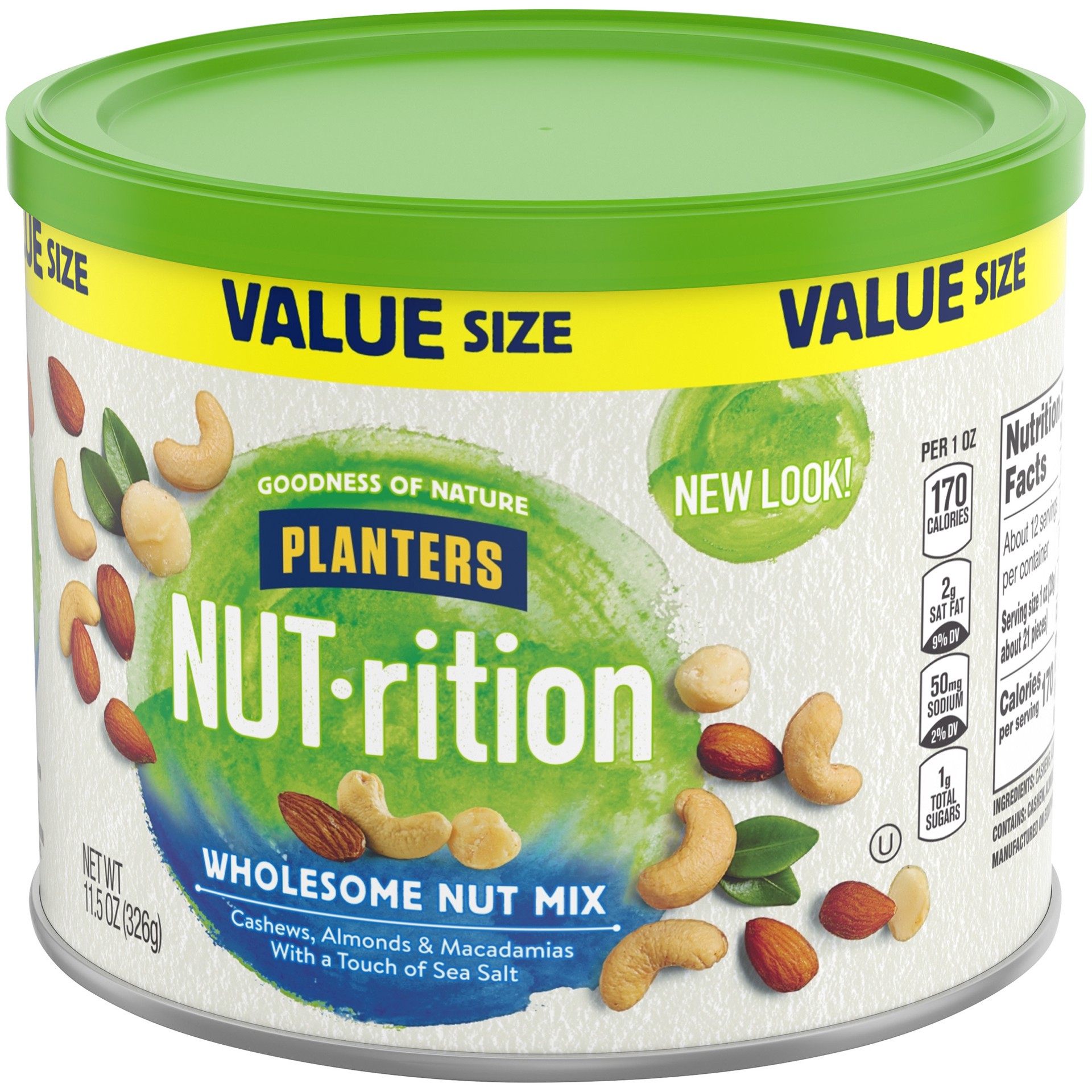 slide 5 of 5, Planters NUT-rition Wholesome Value Size Nut Mix with Cashews, Almonds, Macadamias & Sea Salt, 11.5 oz Canister, 11.5 oz