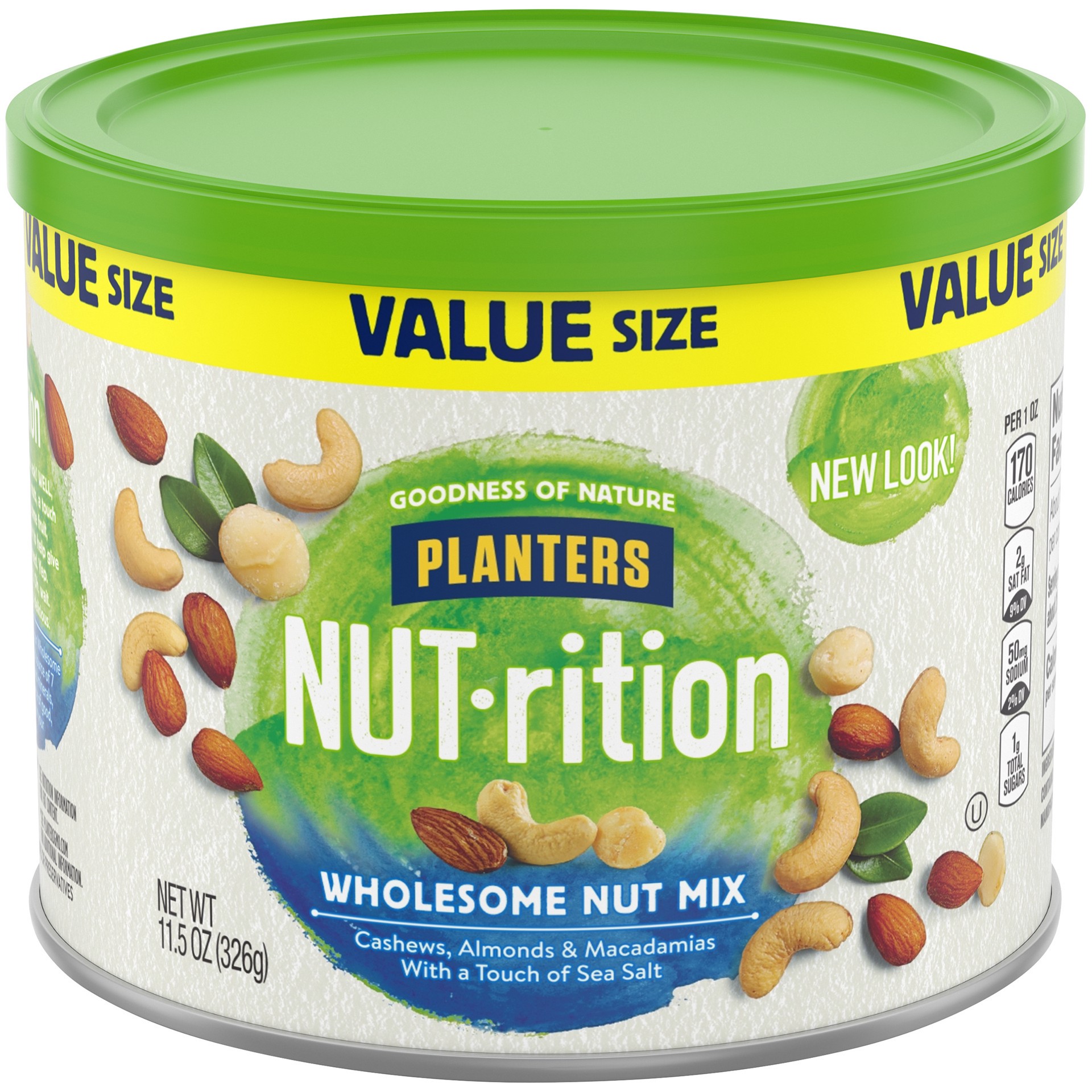 slide 1 of 5, Planters NUT-rition Wholesome Value Size Nut Mix with Cashews, Almonds, Macadamias & Sea Salt, 11.5 oz Canister, 11.5 oz