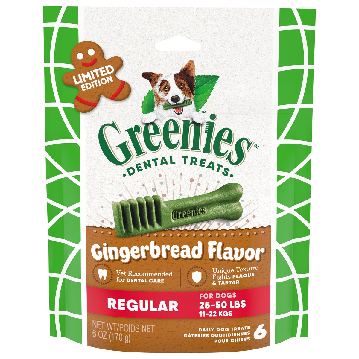 slide 1 of 15, Greenies Regular Dental Gingerbread Flavor Dog Treats 6 ea, 6 Oz