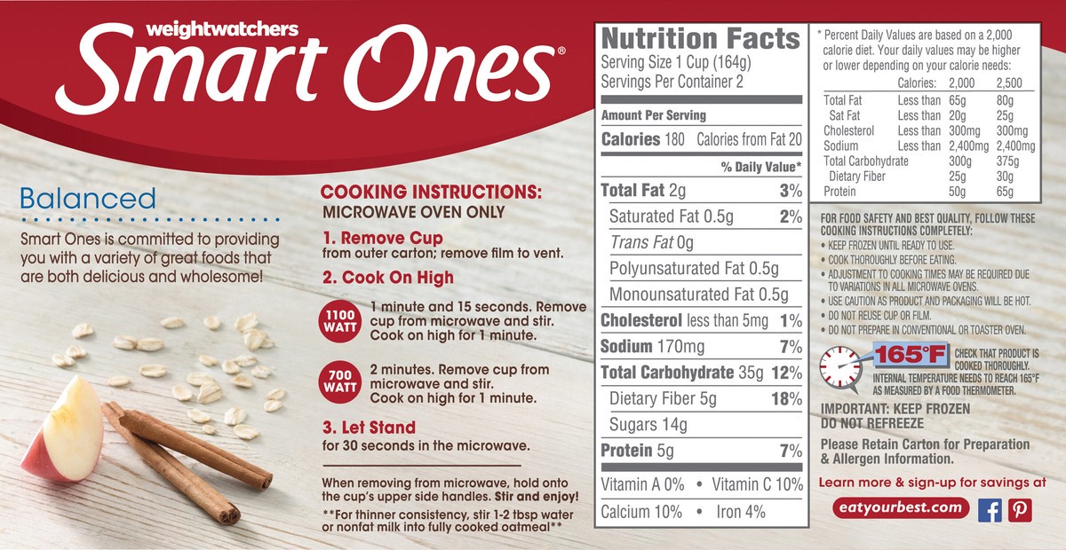 slide 5 of 12, Smart Ones Weight Watchers Smart Ones(r) Tasty American Favorites Apples & Cinnamon Oatmeal 11.6 oz Box, 2 ct