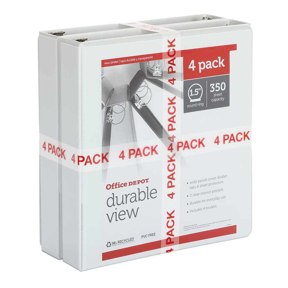 slide 1 of 1, Office Depot Brand Durable Round-Ring View Binders, 1-1/2'' Rings, White, Pack Of 4 Binders, 4 ct