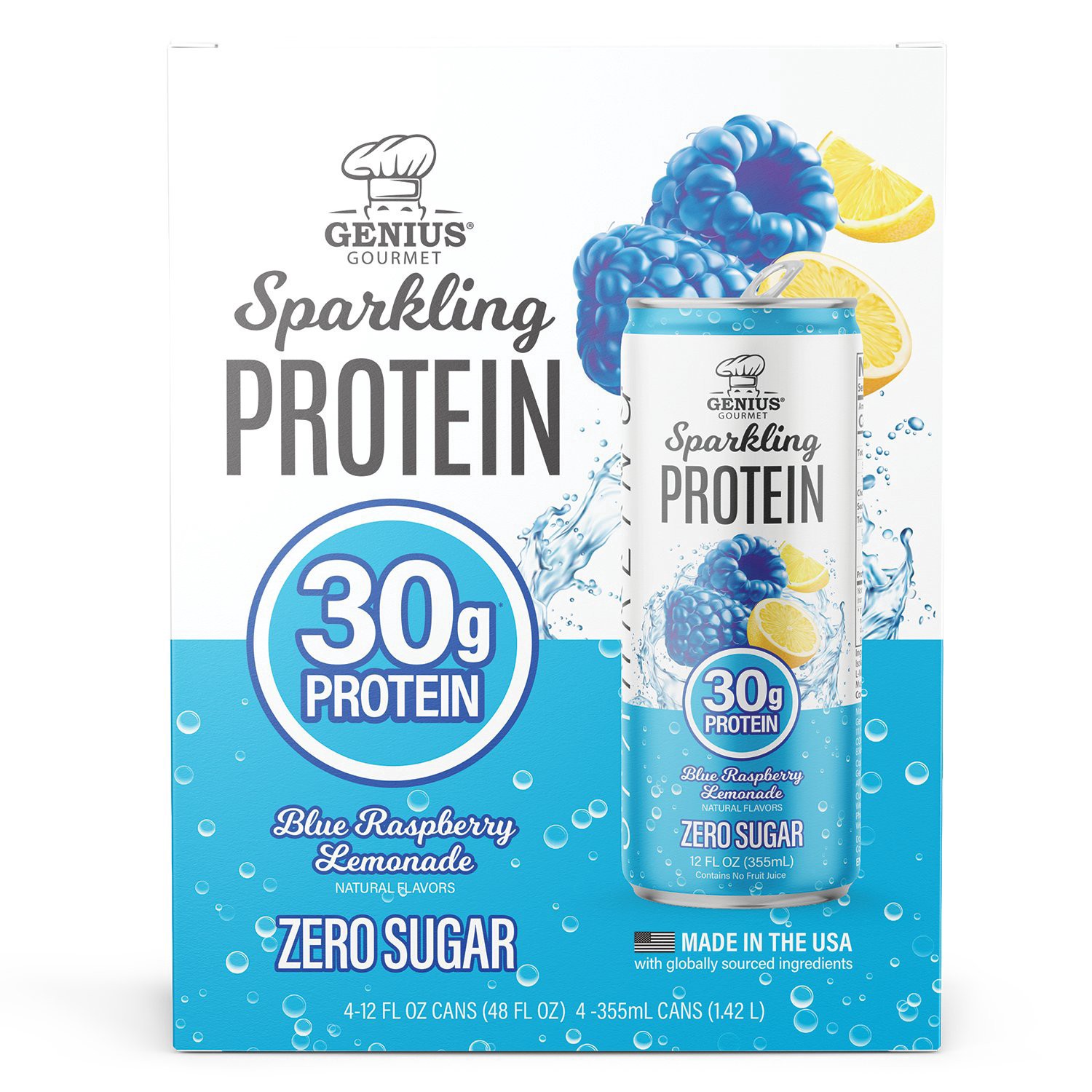slide 1 of 1, Genius Gourmet Protein Blue Raspberry Lemonade Zero Sugar, 4 ct