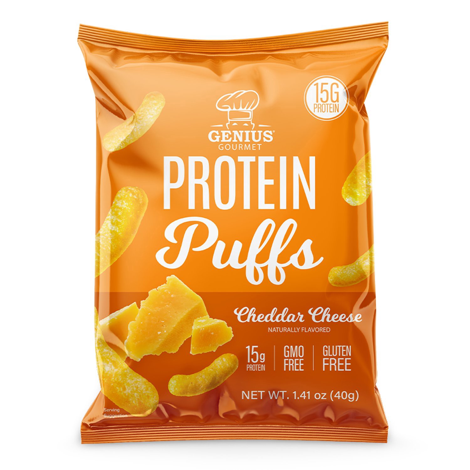slide 1 of 1, Genius Gourmet Protein Puffs Cheddar Cheese - 15g Protein, 1.41 oz