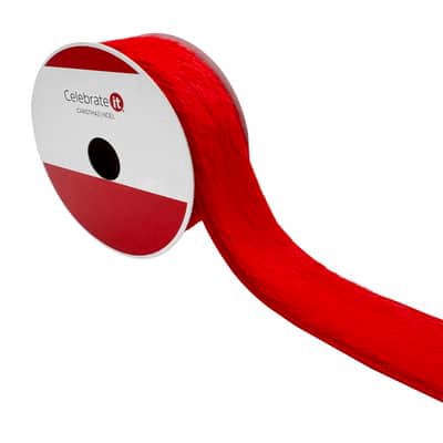 slide 1 of 3, 1.5" X 15ft. Red Wired Faux Fur Ribbon By Celebrate It, 1.5 in x 15 ft
