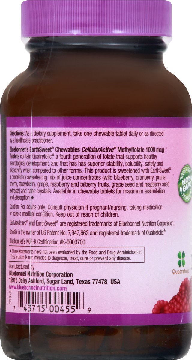 slide 7 of 9, Bluebonnet Nutrition Earth Sweet 1000 mcg Chewable Tablets Raspberry Flavor Methylfolate 90 ea, 90 ct