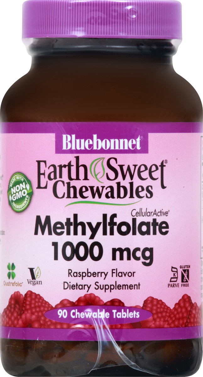 slide 1 of 9, Bluebonnet Nutrition Earth Sweet 1000 mcg Chewable Tablets Raspberry Flavor Methylfolate 90 ea, 90 ct