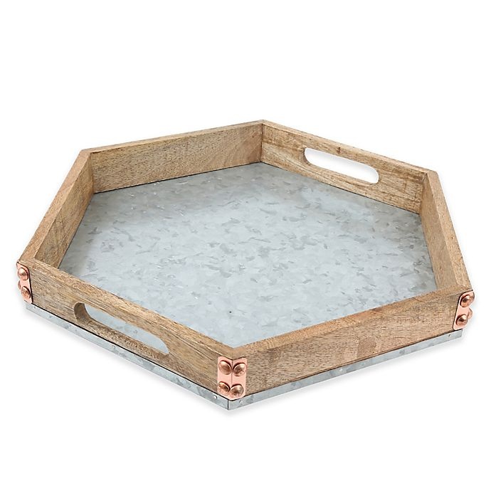 slide 1 of 2, Thirstystone Mango Wood and Galvanized Iron Hexagon Tray, 1 ct