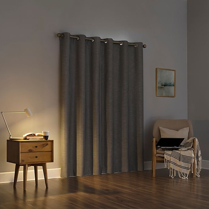 slide 2 of 8, Sun Zero Liam Heathered Strie Thermal Extreme Blackout Grommet Curtain Panel - Charcoal, 63 in