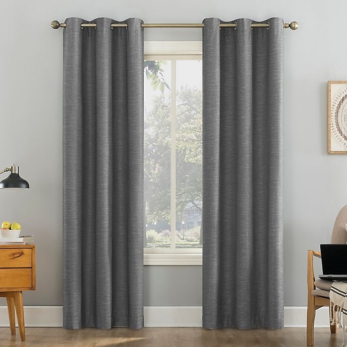 slide 1 of 8, Sun Zero Liam Heathered Strie Thermal Extreme Blackout Grommet Curtain Panel - Charcoal, 63 in