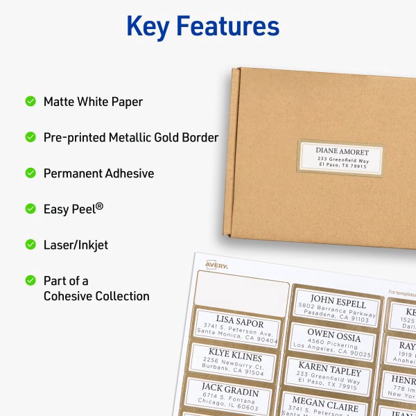 slide 8 of 9, Avery Printable Labels With Metallic Border, Rectangle, 1"" X 2-5/8"", Matte White, Pack Of 300, 300 ct