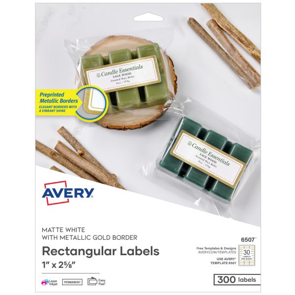 slide 1 of 9, Avery Printable Labels With Metallic Border, Rectangle, 1"" X 2-5/8"", Matte White, Pack Of 300, 300 ct