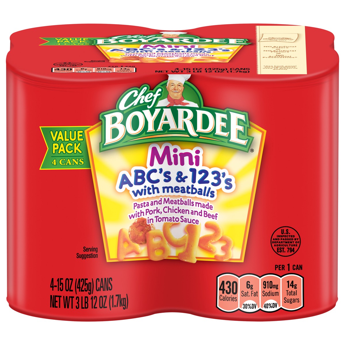 slide 1 of 5, Chef Boyardee Mini ABC's and 123's with Meatballs in Tomato Sauce, 15 oz. Can (Pack of 4), 4 ct