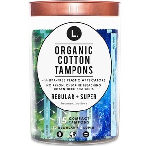 slide 1 of 1, L. Organic Cotton Regular And Super Absorbency Compact Tampons Multipack, 15 Count, 15 ct