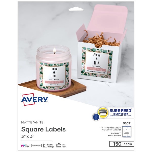 slide 1 of 9, Avery Printable Labels With Sure Feed, Square, 3"" X 3"", Matte White, Pack Of 150, 150 ct