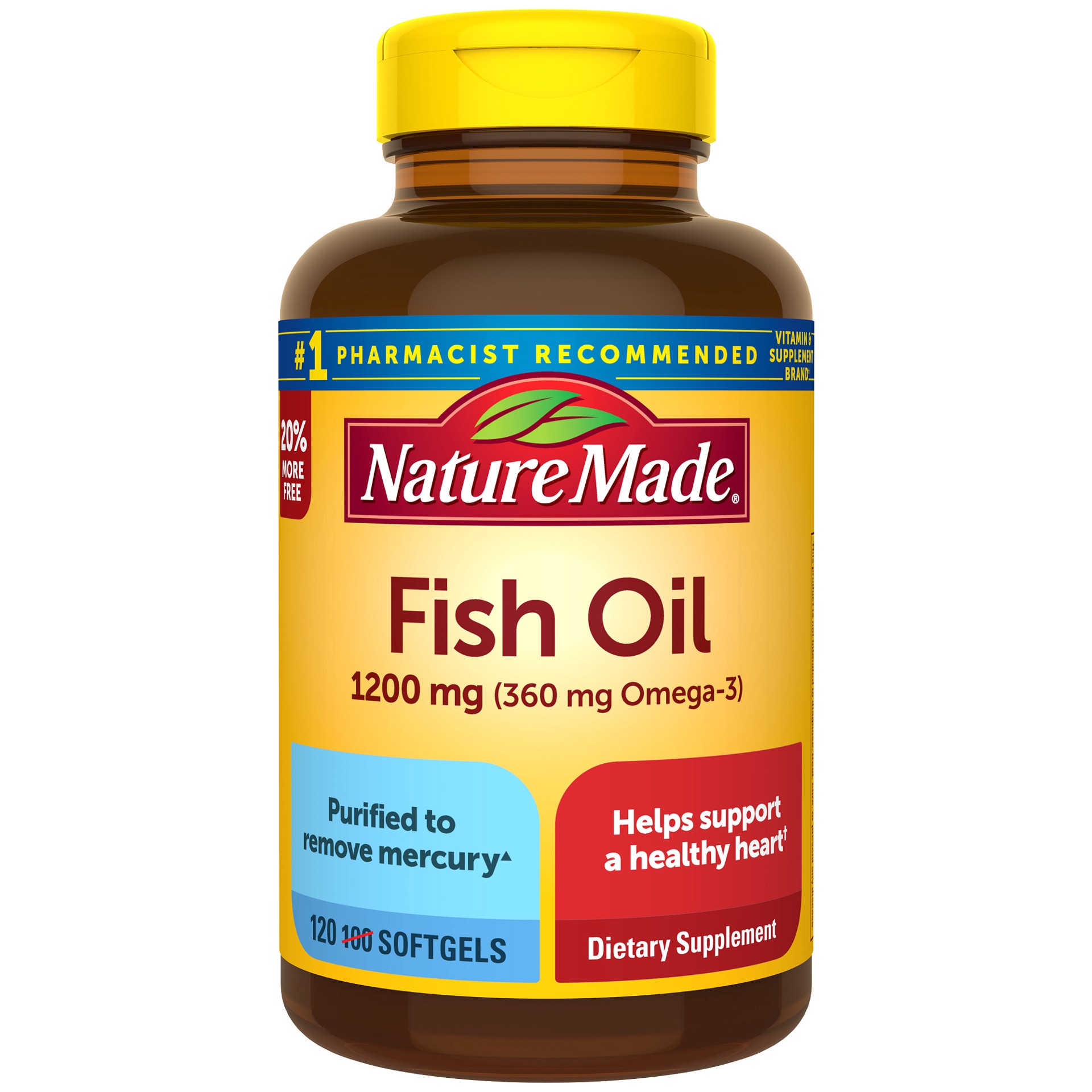 slide 1 of 13, Nature Made Fish Oil 1200mg, 120 Softgels, Fish Oil Omega 3 Supplement For Heart Health, 100 ct