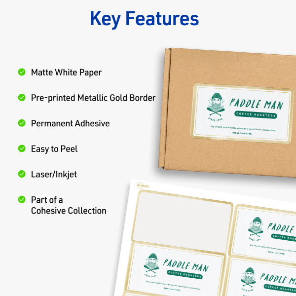 slide 4 of 9, Avery Printable Labels With Metallic Border, Rectangle, 2"" X 4"", Matte White, Pack Of 100, 100 ct
