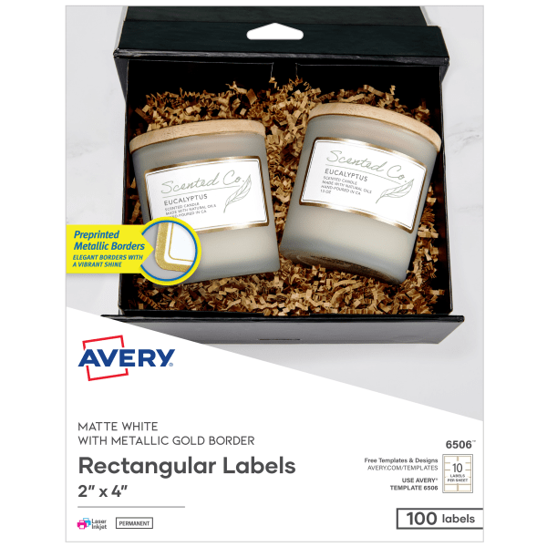 slide 1 of 9, Avery Printable Labels With Metallic Border, Rectangle, 2"" X 4"", Matte White, Pack Of 100, 100 ct