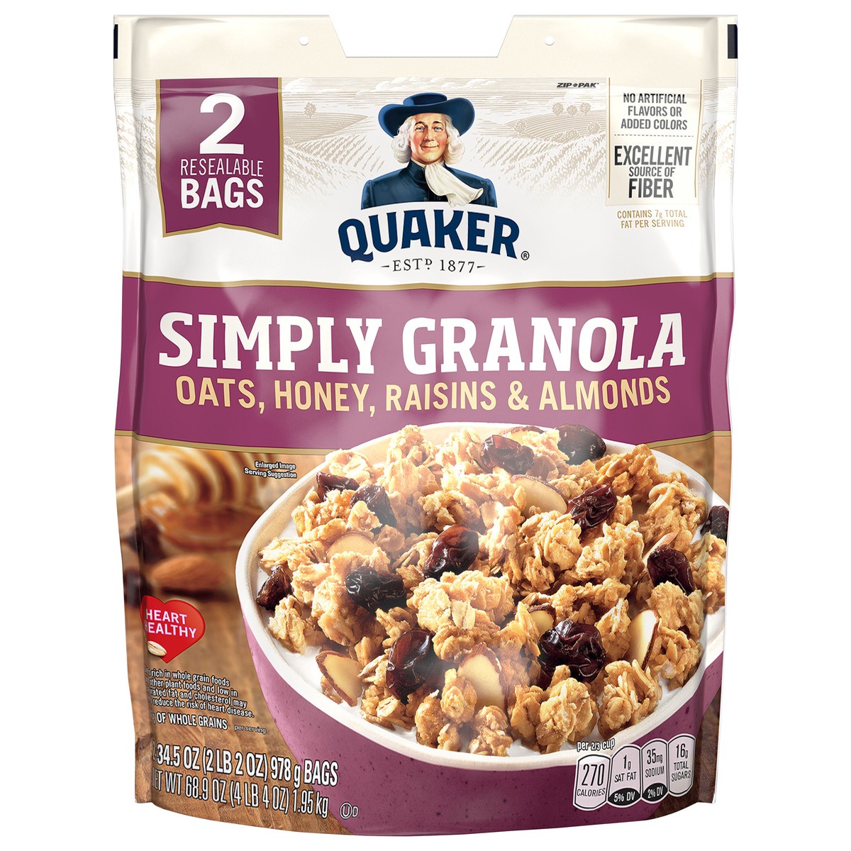 slide 1 of 7, Quaker Simply Granola Oats Honey Raisins & Almonds 34.5 Oz 2 Count, 2 ct