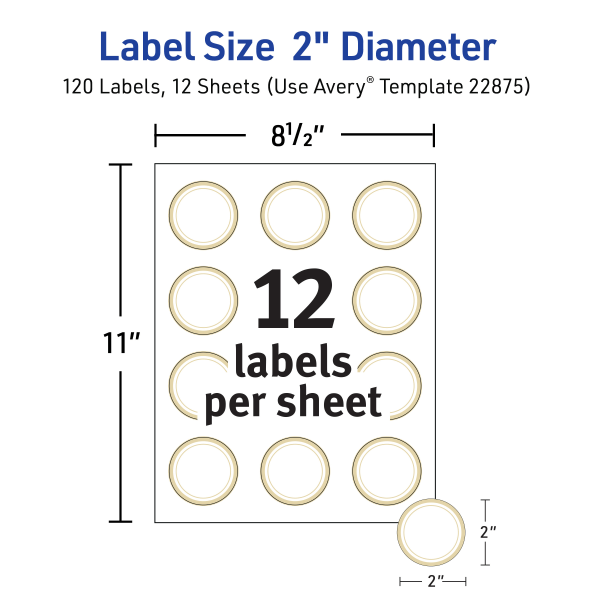 slide 2 of 10, Avery Printable Labels With Metallic Border, Round, 2"" Diameter, Matte White/Gold, Pack Of 120, 120 ct
