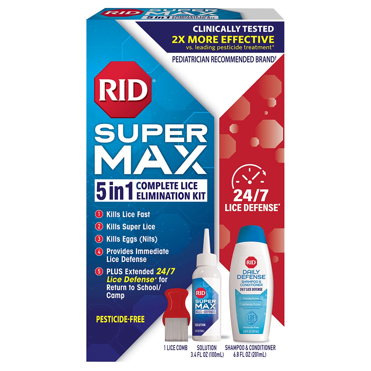 slide 1 of 1, RID Super Max 5-in-1 Complete Lice Treatment Kit, Kills Super Lice & Eggs + 24/7 Lice Defense, Pesticide-Free, Includes Daily Defense Shampoo & Conditioner + Nit Removal Comb, 1 ea