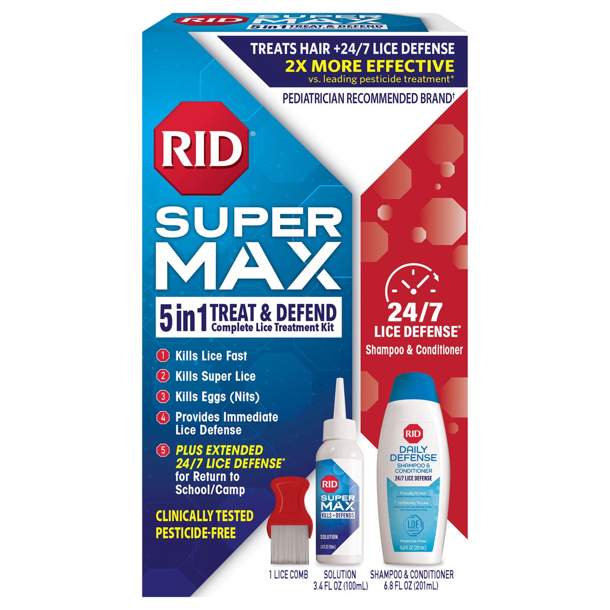 slide 1 of 1, RID Super Max 5-in-1 Complete Lice Treatment Kit, Kills Super Lice & Eggs + 24/7 Lice Defense, Pesticide-Free, Includes Daily Defense Shampoo & Conditioner + Nit Removal Comb, 1 ct