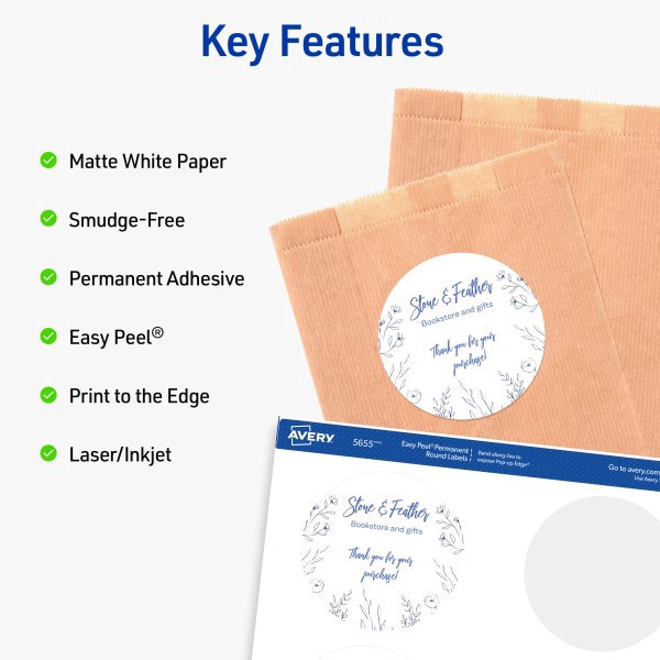 slide 8 of 9, Avery Printable Labels With Sure Feed, Round, 3"" Diameter, Matte White, Pack Of 150, 150 ct