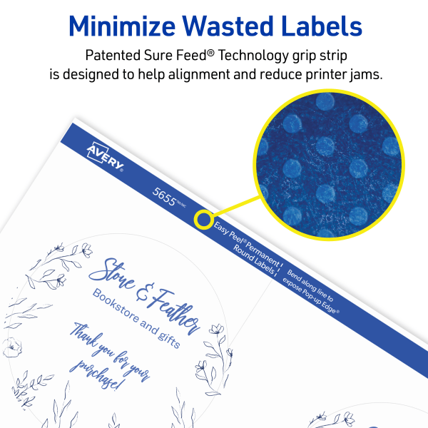 slide 5 of 9, Avery Printable Labels With Sure Feed, Round, 3"" Diameter, Matte White, Pack Of 150, 150 ct