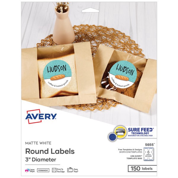 slide 1 of 9, Avery Printable Labels With Sure Feed, Round, 3"" Diameter, Matte White, Pack Of 150, 150 ct