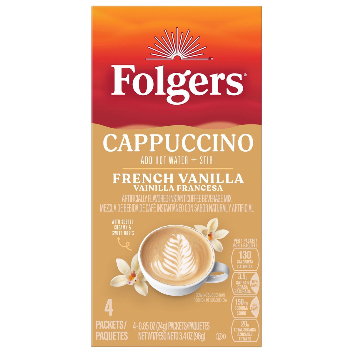 slide 1 of 5, Folgers French Vanilla Flavored Cappuccino Packets- 4 ct, 4 ct