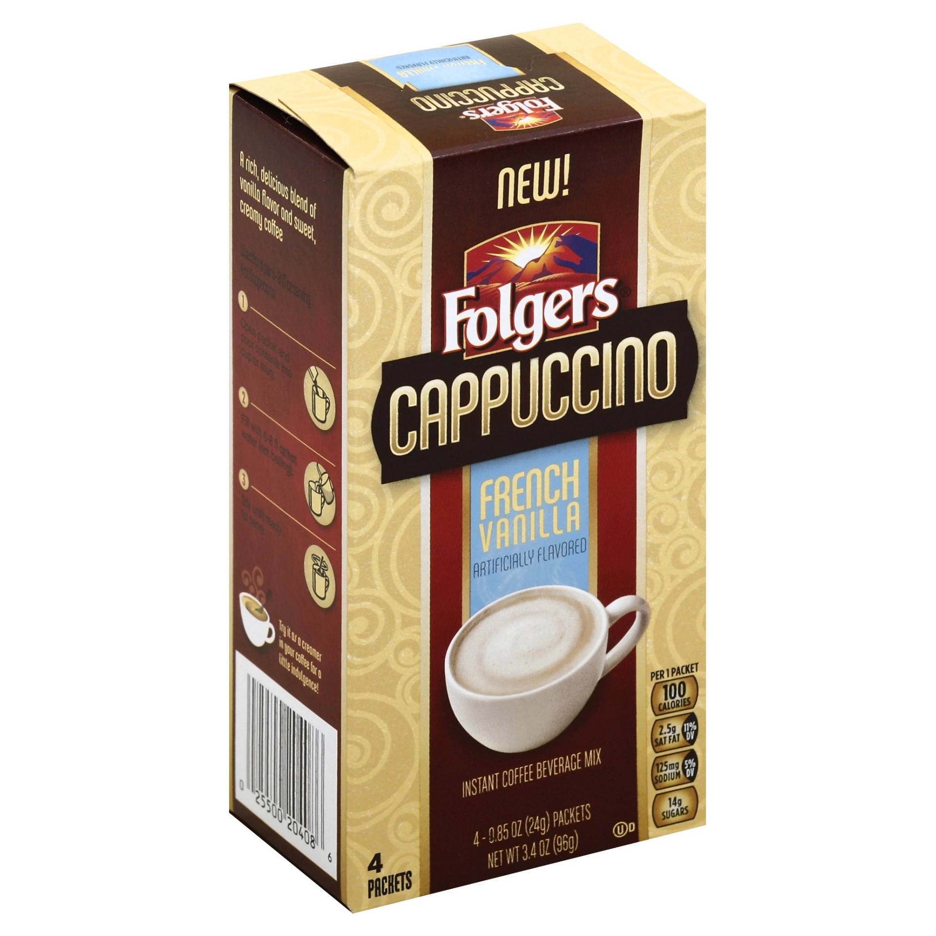 slide 1 of 1, Folgers Cappuccino French Vanilla Beverage Mix Instant Coffee, 4 ct