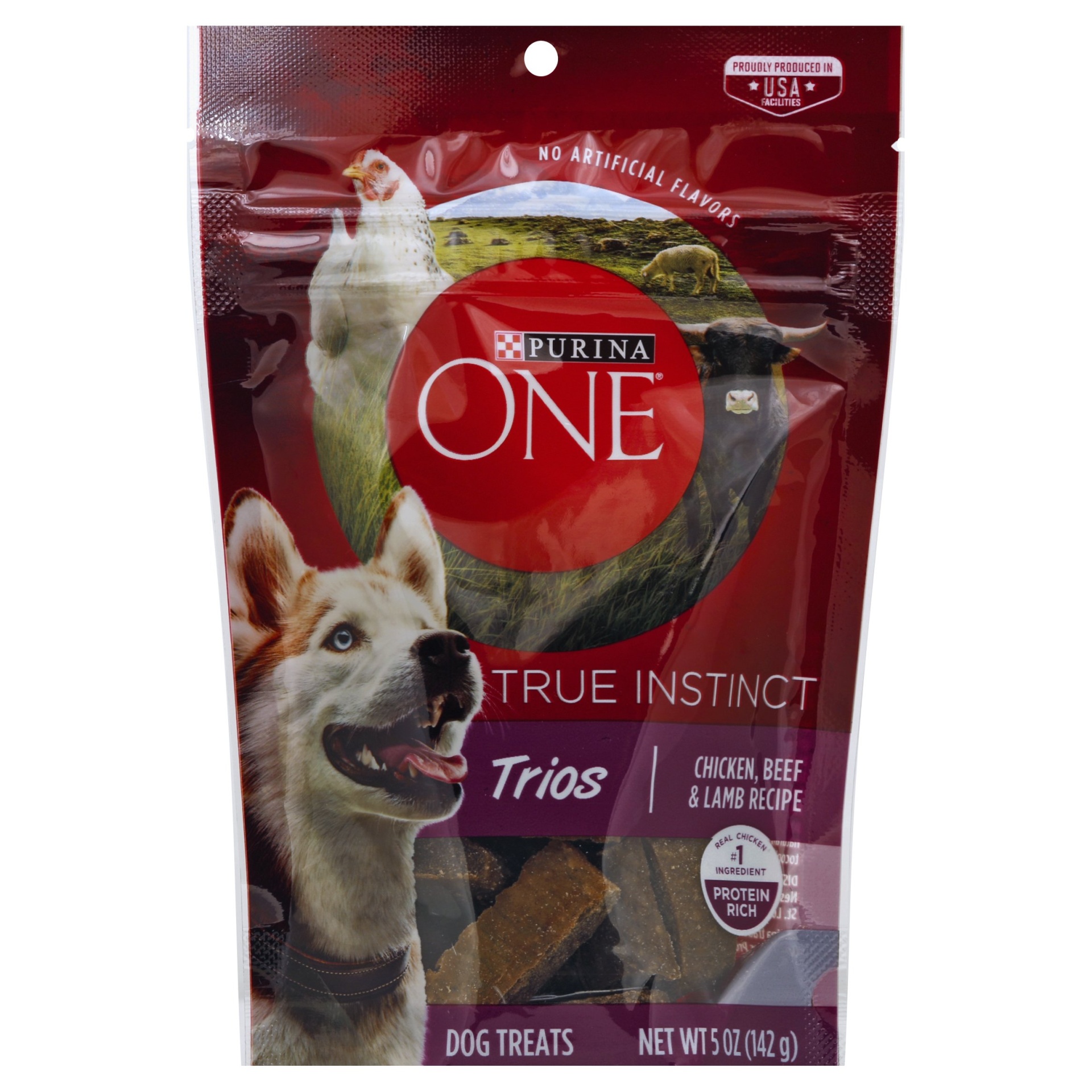 slide 1 of 1, Purina One True Instinct Trios Chicken, Beef & Lamb Recipe Dog Treats, 5 oz