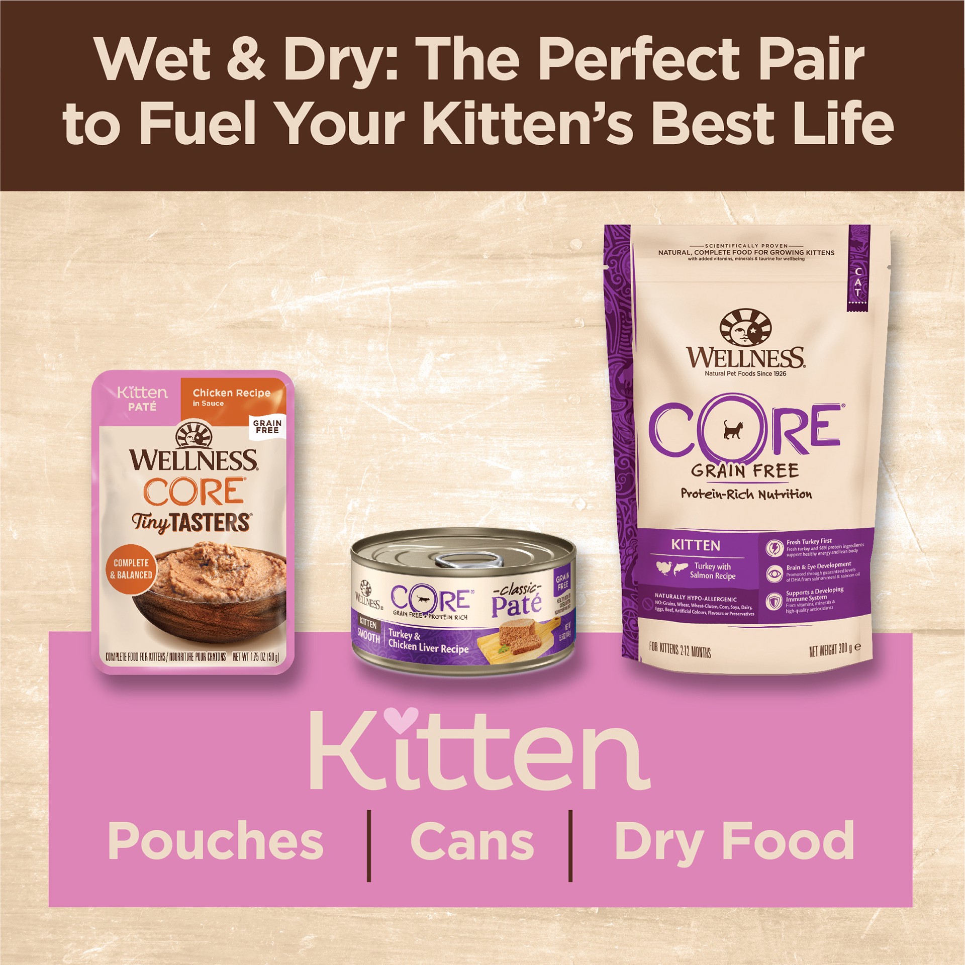 slide 3 of 8, Wellness CORE Tiny Tasters Pate Kitten Wet Cat Food, Natural, Protein-Rich, Grain Free, 1.75-Ounce Pouch, 12 Pack, (Chicken), 1 ct
