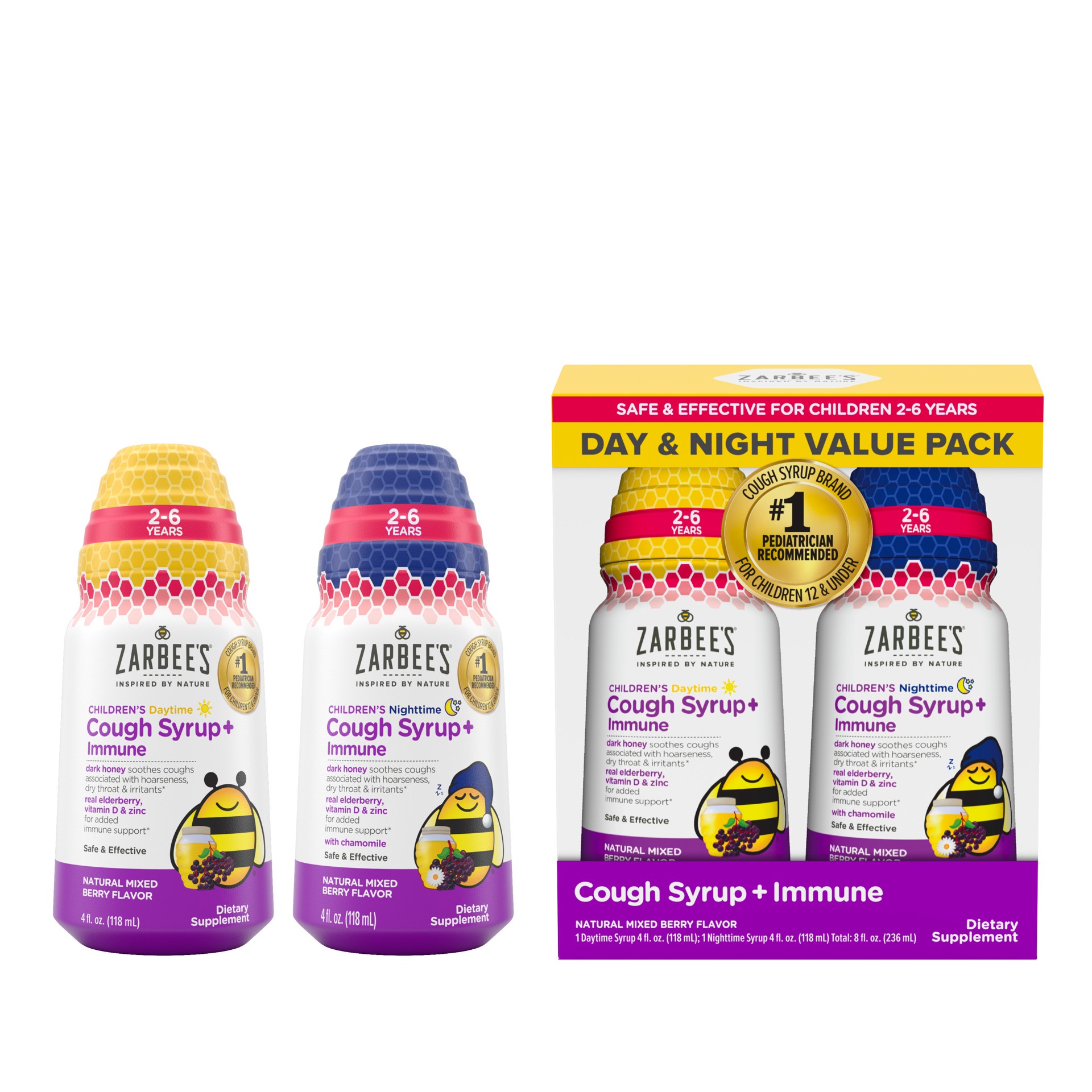 slide 4 of 5, Zarbee's Naturals Zarbee’s Kids Cough + Immune Day/Night for Age 2-6 with Honey, Vitamin D & Zinc, Mix Berry, 2x4FL Oz, 2 ct