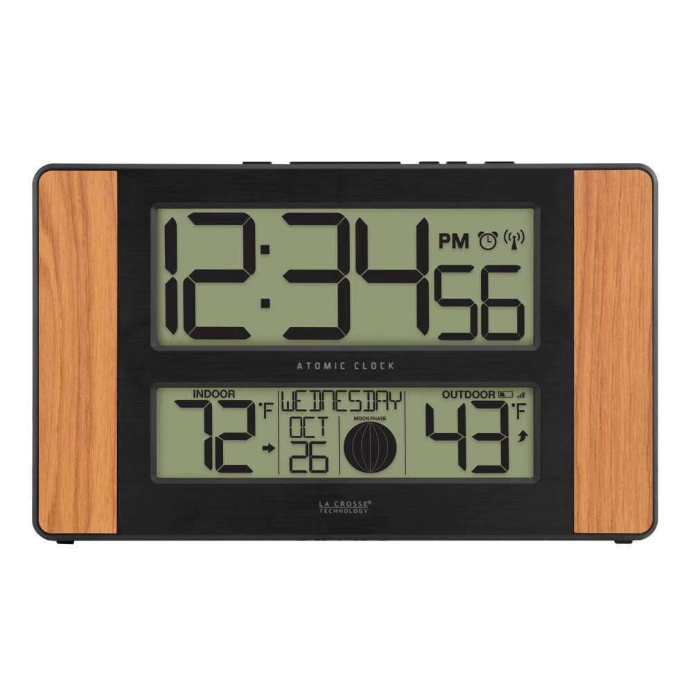 slide 1 of 1, La Crosse Atomic Digital Clock with Moon Phase & I/O Temp - Brown / Black, 1 ct