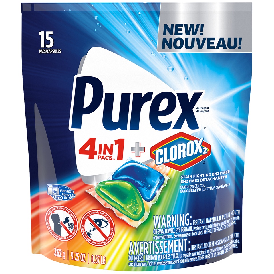 slide 1 of 1, Purex 4-in-1 + Clorox2 Laundry Detergent Pacs, 0.62 oz x 15 ct