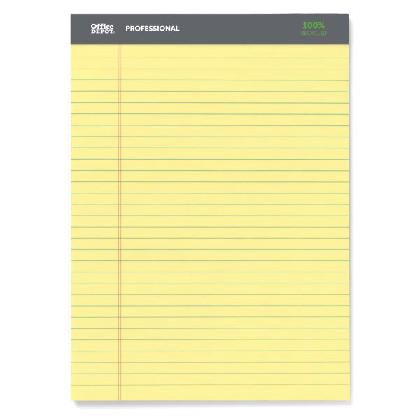 slide 4 of 6, Office Depot Brand Professional Writing Pads, 8 1/2"" X 11 3/4"", Legal/Wide Ruled, 50 Sheets, 100% Recycled, Canary, Pack Of 3, 3 ct