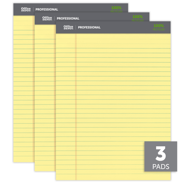 slide 2 of 6, Office Depot Brand Professional Writing Pads, 8 1/2"" X 11 3/4"", Legal/Wide Ruled, 50 Sheets, 100% Recycled, Canary, Pack Of 3, 3 ct