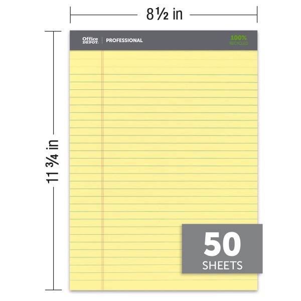 slide 6 of 6, Office Depot Brand Professional Writing Pads, 8 1/2"" X 11 3/4"", Legal/Wide Ruled, 50 Sheets, 100% Recycled, Canary, Pack Of 3, 3 ct